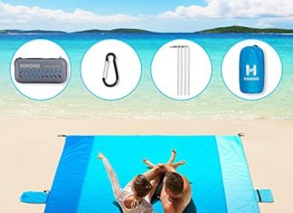 HIHOHO Seashore Blanket, Giant Measurement 82”X80” Outside Sandproof Picnic Blanket Gentle Weight Nylon Seashore Mat with 4 Stakes and 4 Nook Pockets for Journey Tenting or Mountain climbing 51TWtQmGpS. AC