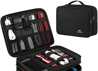 MATEIN Electronics Journey Organizer, Water Resistant Digital Equipment Case with Deal with, Transportable Tech Journey Presents for Males Double Layer Cable Storage Bag for Wire, Charger, Ipad Mini, Black 51frnhBNTkL. AC